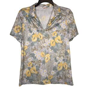 Vintage 70s Floral Short Sleeve Top V Neck Spread Dart Collar MCMSize Medium